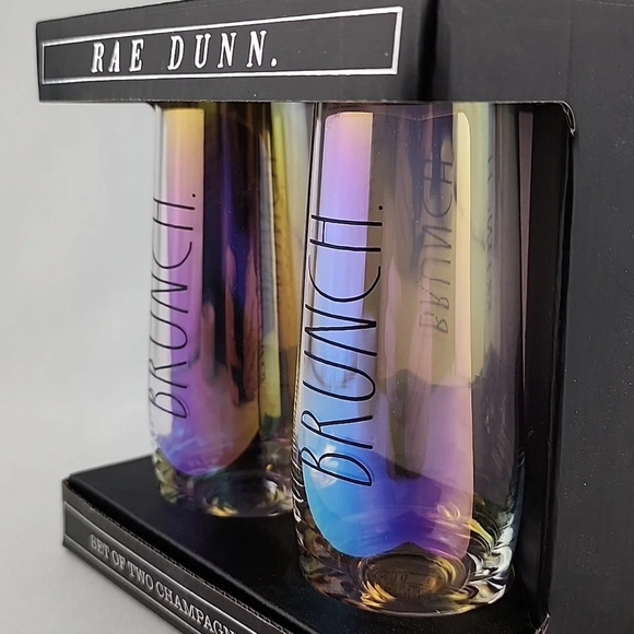 Rae Dunn Enchanted Irridescent 2  Stemless Champagne Flutes BRUNCH Large Letters - Picture 3 of 8